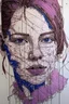 Placeholder: the painting is embroidered with threads on the fabric, Embroidery with lace, art in simple ways, triptych minimal art face portrait, comics in 1970s style in comics book, unreal animals, problems and chaos, but what can I do, portrait, beautiful life but strong sometimes, magenta and blue, violet and white pastel colors, minimal details, in the art style of Japanese vintage 80's, purple tone, bold color palette, gouache, melancholic, ethereal, in the colorful series features various shapes, whi