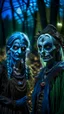 Placeholder: Halloween Cthulhu portrait of frozen Baba Yaga and her creepy sister, wearing the sickest makeup like the joker, full moon, in dark forest grove, down-light, shot on Hasselblad h6d-400c, zeiss prime lens, bokeh like f/0.8, tilt-shift lens 8k, high detail, smooth render, down-light, unreal engine, prize winning