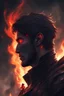 Placeholder: a side profile of a dark hero with red eyes staring into a fire that once was something that mattered to him