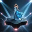 Placeholder: A breathtaking cosmic fantasy scene featuring a stunningly realistic beautiful woman with a perfect face and sculpted figure standing gracefully at the center of a floating geometric platform in deep space. She wears an elegant flowing gown in vibrant silver and blue hues that billow around her perfect form. The platform is constructed from dark cobblestone-like blocks arranged in a star shape. Surrounding her are magnificent CIFI towers like structures,satelights
