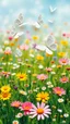 Placeholder: A picture field of flowers and white butterflies made of a plastic painting with colors that express joy 8k