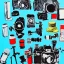 Placeholder: elements of photographic equipment. poster graphics. high detailed. acrylic painting and ink.