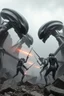 Placeholder: Aliens vs humans fight around metal epic Echo of Ruins , all grey pictures