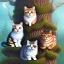 Placeholder: close up on three cats in the tree in magical forest, fantasy book cover art