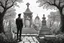 Placeholder: Man standing a front of his mom grave in Cemetery in 8k tattoo drawing style, out of the Frame, intricate details, highly detailed, high details, detailed portrait, masterpiece,ultra detailed, ultra quality