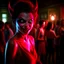 Placeholder: fasion female demon from the movie "insidious", wild goblin birthday party on stonebridge background , motion blur, 8k, downlight, soft light, depth of field, photorealism, trending on art station, lotsa detail