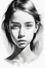 Placeholder: A realistic drawing in negative space black ink on white background of a beautiful front view of a young girl with clear white face, all picture is bright white