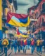 Placeholder: Marcha de ciudadanos por la calle con banderas de Colombia mirando a la camara arte digital imágen retro 4k