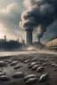 Placeholder: a nuke power plant with a lot of smoke in the sky by the river and show many dead fish and some animals are dead j