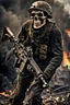 Placeholder: a scary looking skeleton, rising from the ashes, he was a war veteran, partially humanlike characteristics, army beret and ripped ammo wear, chaotic background, dramatic close-up action shot of him on a burned out war tanker a torpedo on shoulder -ready to fire ,gothic and chaotic background, 12k