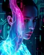 Placeholder: futuristic double exposure artwork where human features are fused directly with digital and technological elements like circuits, holograms, and data streams. For example, the veins in the arm could transform into glowing wires, or the face could dissolve into a grid of pixels. Avoid sharp outlines and instead use smooth transitions and overlapping textures to create a seamless blend. Use neon colors like electric blue, magenta, and green for a cyberpunk-inspired aesthetic. Style: sci-fi surreal