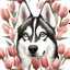 Placeholder: Generate an image of a husky with brown eyes gifting a bouquet of tulips, ultra-realistic.