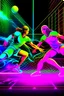 Placeholder: Two players in neon headbands and 80s sportswear diving for a shot in a brightly lit racquetball court. Style: Neon Art, Mood: Energetic and Futuristic (for its time), Lighting: Glowing neon fixtures, T-shirt design graphic, vector, contour, white background.