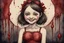 Placeholder: body anormal, smile blood, girl cute, watercolor illustration by <John Kenn Mortensen>, darkred tones,