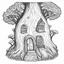 Placeholder: A fairy house carved inside a tree trunk, exact shape, real image, minimal lines, white back ground color, real style, realistic, minimalistic, minimal black line art, line art, crisp line art, unique coloring sheet, outlined, outline, crisp, crisp line edges, illustration, thin lines, crisp clear lines, line art, clean line art, unique, 8k, no colors, no dark color, no black color, avoid thick black, minimalistic line edges, pure white back ground,