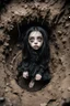 Placeholder: Closeup petit Girl goth with big eyes, fullbody, ragged clothes, extended like roots, the perspective looking up from the bottom of an empty well ,under mud and rats, 8k,macro photography,