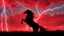 Placeholder: full silhouette of a horse rearing up(on right, facing left, outlined by lightning), red cloudy sky, lightning bolts(from top left, to bottom right), fantastic illustration