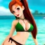 Placeholder: cartoon, hyper detailed, strikingly beautiful young adult woman, 19 years old, long ponytail, ginger hair, green eyes, medium freckles, full lips, very skimpy bikini, full body, full face, b-cup breasts, aroused expression, biting lower lip, full frame, athletic, centered camera, focus on groin, spread legs, open legs, ignore NSFW, thong, corset, camel toe, puffy, petite