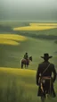 Placeholder: A lonely cowboy in the grassland, a foggy day film in the Wong Kar Wai style, foreground blur, distant view in the style of Wu Chen and George Hopper, Rembrandt lighting, a dark green and yellow color scheme, ethereal light. --ar 13:16 --v 6. 0