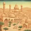 Placeholder: art by "Canan Berber", painting, landscape , Feigned The City with arches and domes, at Dawn, Illustration, Hopeless, 70s Science Fiction, Provia, overly complex style