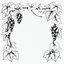 Placeholder: Black pen drawing of a square frame made with hanging grape bunches and raisins and vine leaves