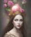 Placeholder: portrait borders Princess with big bobs long hairs black eyes no top inside sphere with roses