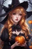 Placeholder: a girl in a witch costume holding a pumpkin, realistic cute girl painting, golden hair, cute anime girl portrait, gothic maiden anime girl, lovely dark autumn princess, school girl in gothic dress, beautiful necromancer girl, carlos ortega elizalde, kawaii realistic portrait, beautiful witch spooky female, portrait anime girl, anime girl wearing a black dress, beautiful female witch