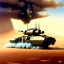 Placeholder: Chris Foss painting of a battle scene with an armored hovercraft with gun turret in the desert with stormy sky and a duststorm