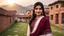 Placeholder: A photographic middle shot of a beautiful a young Pakistani pashto woman (age 25 with beautiful black hair and pretty eyes) in a beautiful traditional maroon & white checkered dress with white dupatta happily standing outside beautifully decorated village houses made bricks with long grass and mountains behind her at beautiful cloudy sunset with sun-rays on her face showing cinematic And dramatic ambiance.