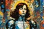 Placeholder: Create chaotic abstract cubist religious triptych depicting martyred Joan of Arc, with highly detailed facial features, in the style of Bill Sienkiewicz, Philippe Druillet, Gustav Klimt, and Jean Giraud Moebius, precisely drawn, colored and inked