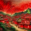 Placeholder: A red Chinese village with fireworks painted by Guo Xi