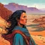 Placeholder: create an portrait of a nomadic shepherdess with highly detailed, finely lined feminine facial features, inhabiting an ethereal desert canyon land in the comic book style of Jean Giraud Moebius, David Hoskins, and Enki Bilal, precisely drawn, boldly inked, with vibrant colors