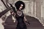 Placeholder: scarred cyberpunk vampire girl with tribal tattoos short curly dark cyberpunk hair descending the staircase in decaying gothic mansion with automatic pistol in hand at dawn