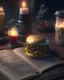 Placeholder: Photoreal Gorgeous large dungeons & dragons fantasy style burger menu with milkshake, fries, candle, wax and an old fantasy book by lee jeffries, octane render, 8k, high detail, smooth render, unreal engine 5, cinema 4d, HDR, dust effect, vivid colors