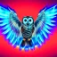 Placeholder: great illustrator, spanish, realistic rendering owl with metalic wings, red left eye, laced circuits, luminescent lights, vortex background