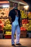 Placeholder: full body shot photography, turkish man at night, 53 years old with hands on the flap, manly chest, muscular strong chubby , long beard, dirty, serious, stand up on a crowded street, sells watermelons at his stall, sweat, shirtless, open legs, white pants, shaved hair, ugly, big thighs, bullneck, big shoulders, photo realistic, photographic, super detailed, hyper realistic, UHD, dim light, frontal view from the ground, ambient occlusion