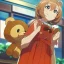 Placeholder: Clear focus, High resolution, a anime kid, cute, cartoony style, smiling, anime screencap, hair between eyes, holding a brown teddy bear