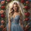 Placeholder: (best quality, 4k, 8k, highres, masterpiece:1.2), ultra-detailed, (realistic, photorealistic, photo-realistic:1.37),hyper realistic, full body gorgeous smiling 1woman,long hair,looking at viewer,realistic proportions,blue eyes,hair ornament,transparent top dress,very long hair,flower,blonde hair,parted lips,necklace,white dress,blonde hair,lips,joyful pastel background,freckles,realistic,head wreath, pink flower,realistic portrait, dreamy fantasy landscape countryside,great pespective,crystal