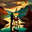 Placeholder: Long shot of an 18th century painter painting on an easel in nature taken from behind, in the background of a fjord in Norway with turquoise water, forested mountains reflected in the fjord, cloudy sky, sunset time, hyperrealistic shot, wide lens, 24K