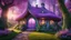 Placeholder: hobbit cottage in the woods surrounded by trees with fairy lights with a whimsical like feel, with pinks, blues, purple colors, circular door, circular windows, grass roof, illustration