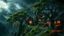 Placeholder: oasis of greenery in the otherwise dark and oppressive land in faraway fairy tale village, orange, yellow, where the trees twisted like gnarled fingers and the skies brooded with stormy clouds, 8k, high quality, trending art, trending on artstation, sharp focus, studio photo, intricate details, highly detailed, by tim burton