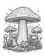 Placeholder: mushroom world minimalistic landscape. line art, background, vector, svg, coloring book page style, black outline on white background