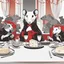 Placeholder: Vector illustration of a (((large rat sitting))) at a banquet table, eating a (((large cheese))), sitting at the same table, (((other rats watching the large rat eat))). White, red and black colors