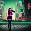 Placeholder: princess girl pointing gun, cute, metal skin, neon eyes, red lips, on her keen, menacing, cyberpunk city in background, realistic, 4k