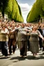 Placeholder: une joyeuse famille souriantea very, very wide boulevard with a crowd of all morbidly obese peoples walking towards the camera, some with their hands raised in the air. They are all very angry.