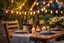 Placeholder: in the nice garden Cozy outdoor dining scene, on the table are lit candles, a bottle wine with two wineglasses, warm and inviting ambiance. in the distance plants, flowers, trees, summer night, high detailed, masterpiece