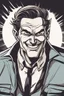 Placeholder: deranged grinning man with slicked back hair and stubble comic book style