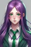 Placeholder: beautiful woman with green eyes and long purple hair anime realistic in a school uniform