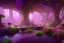 Placeholder: Immersive​ fantasy elven coffee shop in the deep forest green tree pink purple flower blossom river 4k full hd