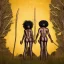 Placeholder: Biologically Female African American Twins, black skin, tall and slender, long afro kinky hair,big brown eyes, long eyelashes warrior wear. Big butts. Gold accents on clothing. Surround by trees. Holding golden spears. Starry night